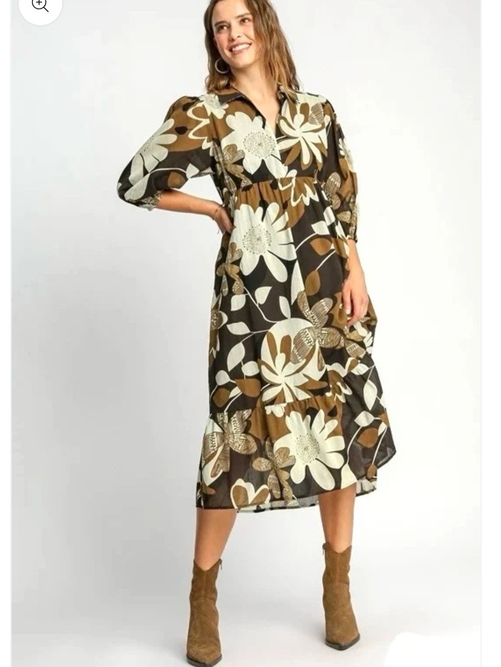 Umgee Olive, Brown & Cream Floral Midi Dress